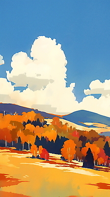 JPG 나무 구름 단풍 일러스트 자연 하늘 초원 사람없음 평화 가을풍경 주황색 국내일러스트 AI일러스트 AI콘텐츠 자연요소 식물 컬러 컨셉 잎 풍경 생태계 파일형식 가을_계절