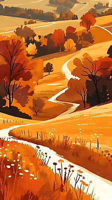 JPG 나무 단풍 일러스트 자연 초원 사람없음 평화 가을풍경 주황색 산책로 국내일러스트 AI일러스트 AI콘텐츠 식물 길 컬러 컨셉 잎 풍경 생태계 파일형식 가을_계절