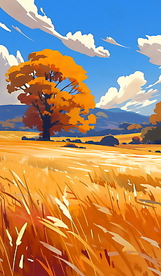 JPG 나무 구름 단풍 일러스트 자연 하늘 초원 사람없음 평화 가을풍경 주황색 국내일러스트 AI일러스트 AI콘텐츠 자연요소 식물 컬러 컨셉 잎 풍경 생태계 파일형식 가을_계절