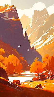 JPG 나무 단풍 일러스트 자연 사람없음 강 평화 가을풍경 주황색 돌산 국내일러스트 AI일러스트 AI콘텐츠 식물 컬러 컨셉 잎 산 풍경 생태계 파일형식 가을_계절