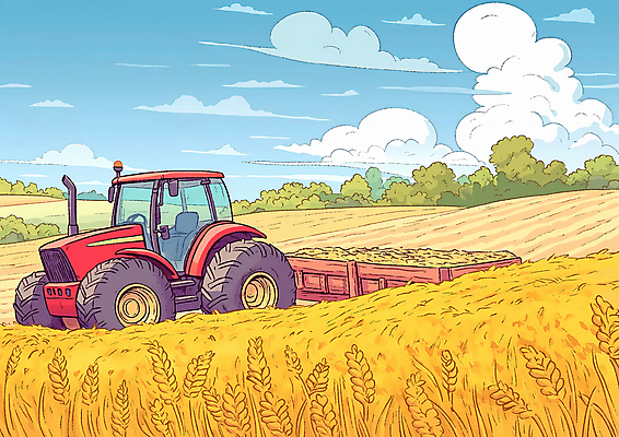 JPG 밭 일러스트 자연 하늘 곡류 풍경 사람없음 농사 가을 트랙터 들녘 국내일러스트 AI일러스트 AI콘텐츠 계절 농업 농기계 생태계 특수차량 파일형식