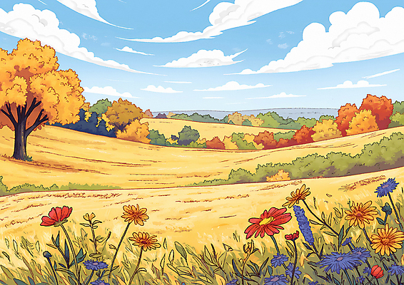 JPG 나무 꽃 밭 일러스트 자연 하늘 풍경 초원 사람없음 평화 가을 들녘 국내일러스트 AI일러스트 AI콘텐츠 식물 계절 컨셉 농업 생태계 파일형식