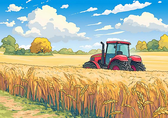 JPG 밭 일러스트 자연 곡류 풍경 초원 사람없음 농사 금색 가을 트랙터 들녘 국내일러스트 AI일러스트 AI콘텐츠 계절 컬러 농업 농기계 생태계 특수차량 파일형식