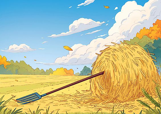 JPG 밭 일러스트 자연 하늘 풍경 초원 사람없음 평화 농사 가을 건초 볏짚 갈퀴 들녘 국내일러스트 AI일러스트 AI콘텐츠 계절 컨셉 농업 짚 생태계 파일형식