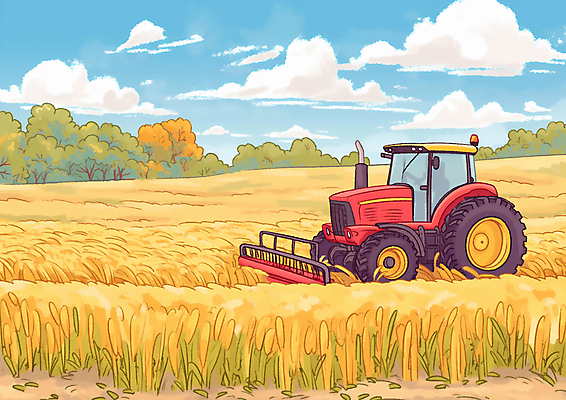 JPG 밭 일러스트 자연 곡류 풍경 초원 사람없음 농사 금색 가을 트랙터 들녘 국내일러스트 AI일러스트 AI콘텐츠 계절 컬러 농업 농기계 생태계 특수차량 파일형식