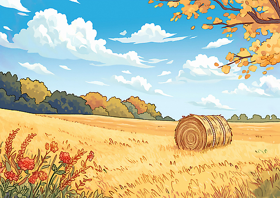 JPG 나무 꽃 밭 일러스트 자연 하늘 풍경 초원 사람없음 평화 가을 건초 볏짚 들녘 국내일러스트 AI일러스트 AI콘텐츠 식물 계절 컨셉 농업 짚 생태계 파일형식