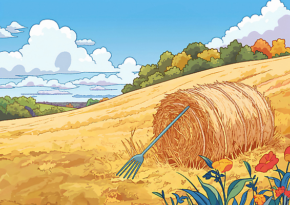 JPG 밭 일러스트 자연 하늘 풍경 초원 사람없음 평화 농사 가을 건초 볏짚 갈퀴 들녘 국내일러스트 AI일러스트 AI콘텐츠 계절 컨셉 농업 짚 생태계 파일형식