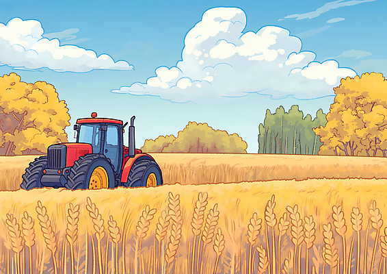 JPG 밭 일러스트 자연 곡류 풍경 초원 사람없음 농사 금색 가을 트랙터 들녘 국내일러스트 AI일러스트 AI콘텐츠 계절 컬러 농업 농기계 생태계 특수차량 파일형식