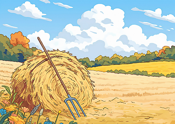 JPG 밭 일러스트 자연 하늘 풍경 초원 사람없음 평화 농사 가을 건초 볏짚 갈퀴 들녘 국내일러스트 AI일러스트 AI콘텐츠 계절 컨셉 농업 짚 생태계 파일형식