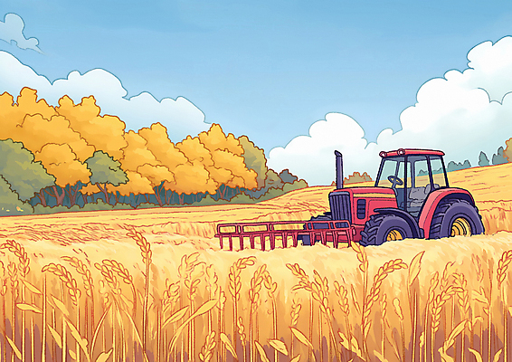 JPG 밭 일러스트 자연 곡류 풍경 초원 사람없음 농사 금색 가을 트랙터 들녘 국내일러스트 AI일러스트 AI콘텐츠 계절 컬러 농업 농기계 생태계 특수차량 파일형식