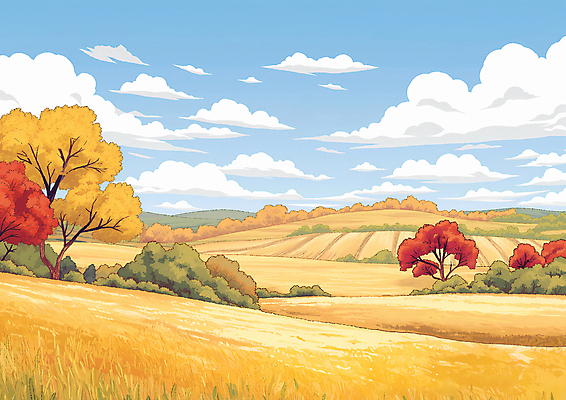JPG 나무 일러스트 자연 하늘 풍경 초원 사람없음 농장 평화 금색 가을 들녘 국내일러스트 AI일러스트 AI콘텐츠 식물 계절 컬러 컨셉 농업 생태계 파일형식