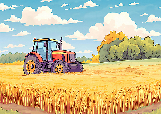 JPG 밭 일러스트 자연 곡류 풍경 초원 사람없음 농사 금색 가을 트랙터 들녘 국내일러스트 AI일러스트 AI콘텐츠 계절 컬러 농업 농기계 생태계 특수차량 파일형식