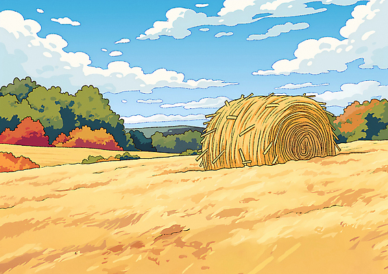 JPG 밭 일러스트 자연 하늘 풍경 초원 사람없음 평화 농사 금색 가을 건초 볏짚 들녘 국내일러스트 AI일러스트 AI콘텐츠 계절 컬러 컨셉 농업 짚 생태계 파일형식