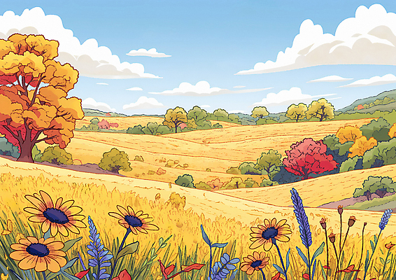 JPG 나무 꽃 일러스트 자연 하늘 풍경 초원 사람없음 농장 평화 금색 가을 들녘 국내일러스트 AI일러스트 AI콘텐츠 식물 계절 컬러 컨셉 농업 생태계 파일형식