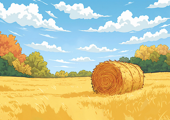 JPG 밭 일러스트 자연 하늘 풍경 초원 사람없음 평화 농사 금색 가을 건초 볏짚 들녘 국내일러스트 AI일러스트 AI콘텐츠 계절 컬러 컨셉 농업 짚 생태계 파일형식
