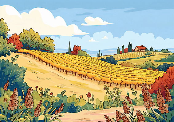 JPG 나무 밭 일러스트 자연 주택 풍경 초원 사람없음 농장 평화 금색 가을 들녘 국내일러스트 AI일러스트 AI콘텐츠 식물 계절 컬러 컨셉 농업 건물 생태계 파일형식