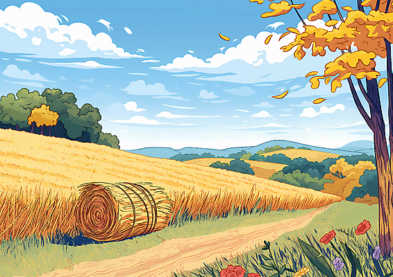 JPG 밭 일러스트 자연 하늘 풍경 초원 사람없음 평화 농사 금색 가을 건초 볏짚 들녘 국내일러스트 AI일러스트 AI콘텐츠 계절 컬러 컨셉 농업 짚 생태계 파일형식