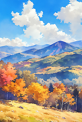 JPG 구름 단풍 낙엽 일러스트 자연 하늘 수채화 산 사람없음 컬러풀 가을풍경 분위기 국내일러스트 AI일러스트 AI콘텐츠 자연요소 컬러 컨셉 잎 풍경 생태계 파일형식 가을_계절