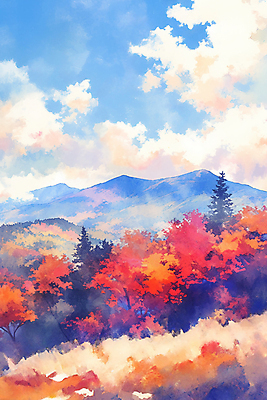 JPG 구름 단풍 낙엽 일러스트 자연 하늘 수채화 산 사람없음 컬러풀 가을풍경 분위기 국내일러스트 AI일러스트 AI콘텐츠 자연요소 컬러 컨셉 잎 풍경 생태계 파일형식 가을_계절