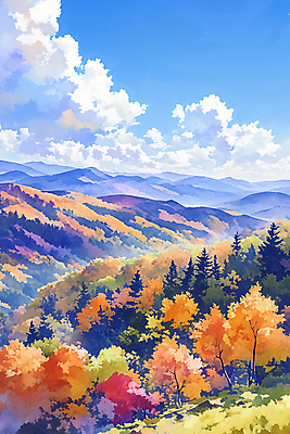 JPG 구름 단풍 낙엽 일러스트 자연 하늘 수채화 산 사람없음 컬러풀 가을풍경 분위기 국내일러스트 AI일러스트 AI콘텐츠 자연요소 컬러 컨셉 잎 풍경 생태계 파일형식 가을_계절