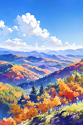 JPG 구름 단풍 낙엽 일러스트 자연 하늘 수채화 산 사람없음 컬러풀 가을풍경 분위기 국내일러스트 AI일러스트 AI콘텐츠 자연요소 컬러 컨셉 잎 풍경 생태계 파일형식 가을_계절