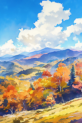 JPG 구름 단풍 낙엽 일러스트 자연 하늘 수채화 산 사람없음 컬러풀 가을풍경 분위기 국내일러스트 AI일러스트 AI콘텐츠 자연요소 컬러 컨셉 잎 풍경 생태계 파일형식 가을_계절
