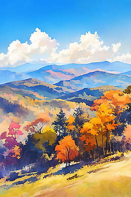 JPG 구름 단풍 낙엽 일러스트 자연 하늘 수채화 산 사람없음 컬러풀 가을풍경 분위기 국내일러스트 AI일러스트 AI콘텐츠 자연요소 컬러 컨셉 잎 풍경 생태계 파일형식 가을_계절