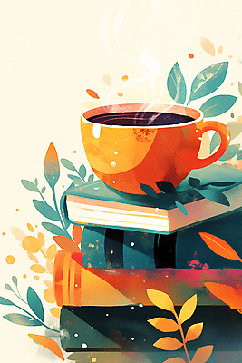 JPG 커피 잎 일러스트 따뜻함 취미 사람없음 책 컬러풀 독서 풀잎 커피잔 읽기 국내일러스트 AI일러스트 AI콘텐츠 식물 음료 컬러 모션 잔 풀_식물 파일형식