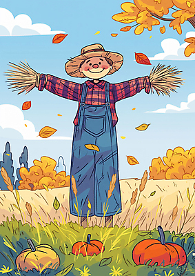 JPG 단풍 밭 일러스트 자연 호박 미소 초원 사람없음 귀여움 수확 가을 만화 허수아비 국내일러스트 AI일러스트 AI콘텐츠 계절 컨셉 잎 농업 채소 표정 생태계 파일형식