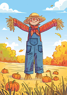 JPG 단풍 밭 일러스트 자연 호박 미소 초원 사람없음 귀여움 수확 가을 만화 허수아비 국내일러스트 AI일러스트 AI콘텐츠 계절 컨셉 잎 농업 채소 표정 생태계 파일형식