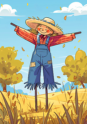 JPG 단풍 밭 일러스트 자연 미소 초원 사람없음 귀여움 수확 가을 만화 허수아비 국내일러스트 AI일러스트 AI콘텐츠 계절 컨셉 잎 농업 표정 생태계 파일형식