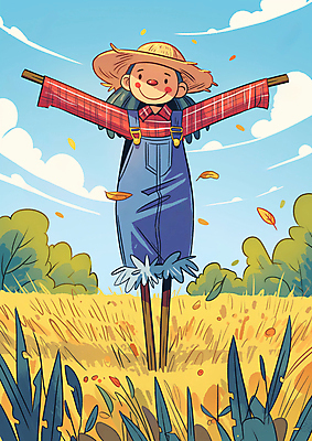 JPG 단풍 밭 일러스트 자연 미소 초원 사람없음 귀여움 수확 가을 만화 허수아비 국내일러스트 AI일러스트 AI콘텐츠 계절 컨셉 잎 농업 표정 생태계 파일형식