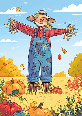 JPG 단풍 밭 일러스트 자연 미소 초원 사람없음 귀여움 수확 가을 만화 허수아비 국내일러스트 AI일러스트 AI콘텐츠 계절 컨셉 잎 농업 표정 생태계 파일형식