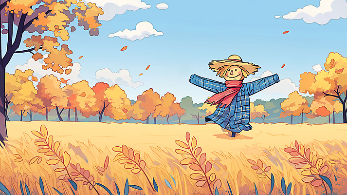 JPG 단풍 밭 일러스트 자연 미소 사람없음 귀여움 수확 가을 시골 허수아비 국내일러스트 AI일러스트 AI콘텐츠 계절 컨셉 잎 농업 표정 생태계 파일형식