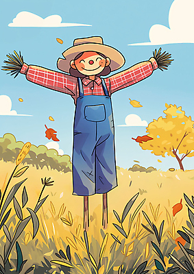 JPG 단풍 밭 일러스트 자연 미소 초원 사람없음 귀여움 수확 가을 만화 허수아비 국내일러스트 AI일러스트 AI콘텐츠 계절 컨셉 잎 농업 표정 생태계 파일형식