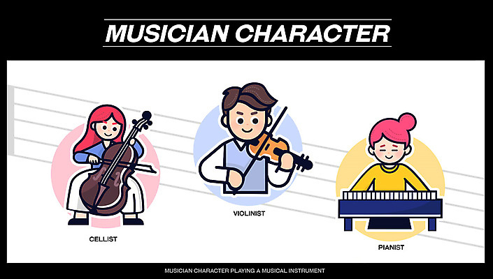 캐릭터 여자 남자 악기 연주 일러스트 성인 세명 귀여움 음악가 피아노 바이올린 첼로 바이올리니스트 피아니스트 첼리스트 성인만 일러캐릭터 AI파일 직업 음악 컨셉 현악기 사람 연주자 건반악기 파일형식 벡터 찰현악기