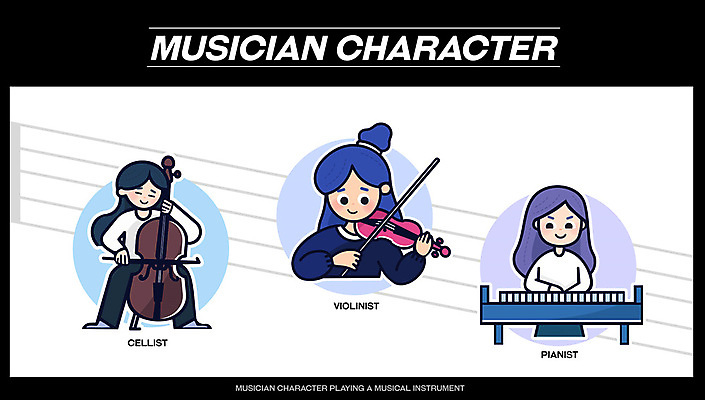 캐릭터 여자 남자 악기 연주 일러스트 성인 세명 귀여움 음악가 피아노 바이올린 첼로 바이올리니스트 피아니스트 첼리스트 성인만 일러캐릭터 AI파일 직업 음악 컨셉 현악기 사람 연주자 건반악기 파일형식 벡터 찰현악기