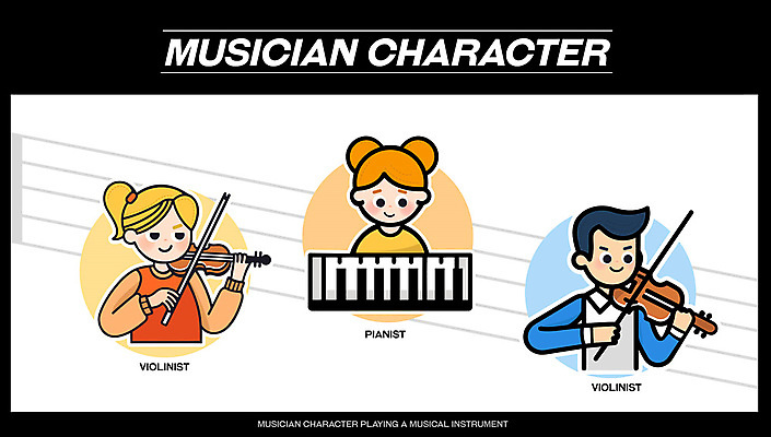 캐릭터 여자 남자 악기 연주 일러스트 성인 세명 귀여움 음악가 피아노 바이올린 바이올리니스트 피아니스트 성인만 일러캐릭터 AI파일 직업 음악 컨셉 현악기 사람 연주자 건반악기 파일형식 벡터