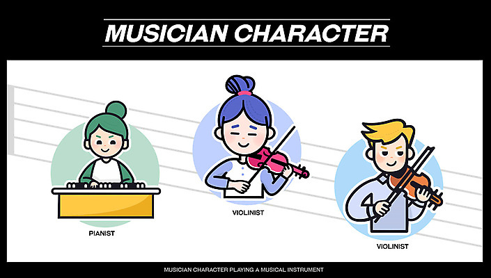 캐릭터 여자 남자 악기 연주 일러스트 성인 세명 귀여움 음악가 피아노 바이올린 바이올리니스트 피아니스트 성인만 일러캐릭터 AI파일 직업 음악 컨셉 현악기 사람 연주자 건반악기 파일형식 벡터