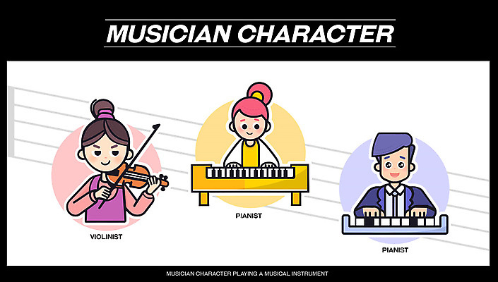 캐릭터 여자 남자 악기 연주 일러스트 성인 세명 귀여움 음악가 피아노 바이올린 바이올리니스트 피아니스트 성인만 일러캐릭터 AI파일 직업 음악 컨셉 현악기 사람 연주자 건반악기 파일형식 벡터