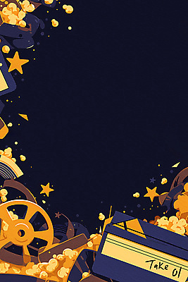 PSD 일러스트 프레임 사람없음 노란색 빈티지 클래퍼보드 극장 필름 영화 복고 팝콘 카피스페이스 국내일러스트 컬러 컨셉 문화예술 공백 파일형식