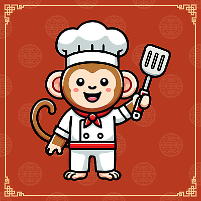 캐릭터 일러스트 요리사모자 손짓 사람없음 빨간색 귀여움 중식 요리사 원숭이 조리복 뒤집개 원숭이캐릭터 일러캐릭터 AI파일 직업 모자_잡화 음식 컬러 동물캐릭터 컨셉 유니폼 포유류 모션 주방용품 파일형식 벡터