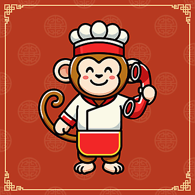 캐릭터 일러스트 요리사모자 웃음 사람없음 빨간색 귀여움 중식 요리사 원숭이 조리복 전화기 원숭이캐릭터 일러캐릭터 AI파일 직업 모자_잡화 음식 컬러 동물캐릭터 컨셉 유니폼 포유류 표정 파일형식 벡터