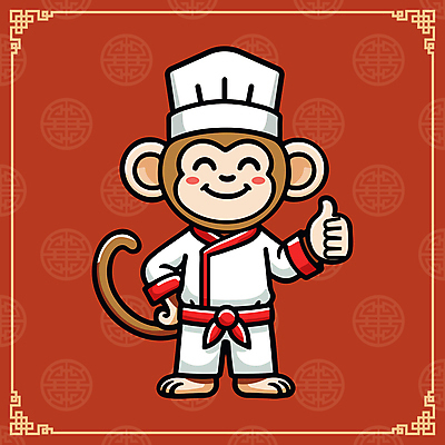 캐릭터 일러스트 요리사모자 웃음 사람없음 빨간색 귀여움 중식 요리사 원숭이 조리복 따봉 원숭이캐릭터 일러캐릭터 AI파일 직업 모자_잡화 음식 컬러 동물캐릭터 컨셉 유니폼 포유류 표정 최고 파일형식 벡터