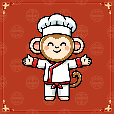 캐릭터 일러스트 팔벌리기 요리사모자 웃음 사람없음 빨간색 귀여움 중식 요리사 원숭이 조리복 원숭이캐릭터 일러캐릭터 AI파일 직업 모자_잡화 음식 컬러 동물캐릭터 컨셉 유니폼 포유류 모션 표정 파일형식 벡터