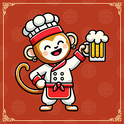 캐릭터 일러스트 요리사모자 웃음 사람없음 빨간색 귀여움 중식 요리사 원숭이 조리복 맥주잔 원숭이캐릭터 일러캐릭터 AI파일 직업 모자_잡화 음식 컬러 동물캐릭터 컨셉 유니폼 술잔 포유류 표정 파일형식 벡터