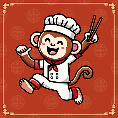 캐릭터 일러스트 젓가락 요리사모자 웃음 사람없음 빨간색 귀여움 중식 점프 요리사 원숭이 조리복 원숭이캐릭터 일러캐릭터 AI파일 직업 모자_잡화 음식 컬러 동물캐릭터 컨셉 유니폼 포유류 모션 수저 표정 파일형식 벡터