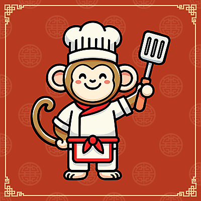 캐릭터 일러스트 요리사모자 웃음 사람없음 빨간색 귀여움 중식 요리사 원숭이 조리복 뒤집개 원숭이캐릭터 일러캐릭터 AI파일 직업 모자_잡화 음식 컬러 동물캐릭터 컨셉 유니폼 포유류 주방용품 표정 파일형식 벡터
