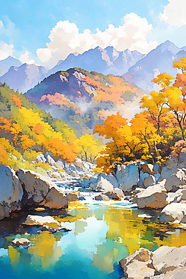 JPG 낙엽 일러스트 자연 하늘 수채화 산 사람없음 컬러풀 계곡 가을 바위 숲 국내일러스트 AI일러스트 AI콘텐츠 계절 컬러 잎 돌_바위 생태계 파일형식