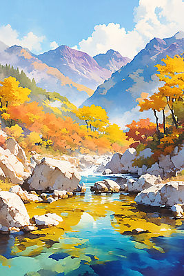 JPG 낙엽 일러스트 자연 하늘 수채화 산 사람없음 컬러풀 계곡 가을 바위 숲 국내일러스트 AI일러스트 AI콘텐츠 계절 컬러 잎 돌_바위 생태계 파일형식